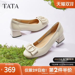 真皮粗跟高跟鞋 TATA他她白色休闲鞋 女新款 通勤单鞋 X8MA6AQ5 女鞋