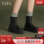 款 TATA他她奶皮靴厚底弹力瘦瘦靴女靴法式 真皮冬季 短靴子7D243DD4