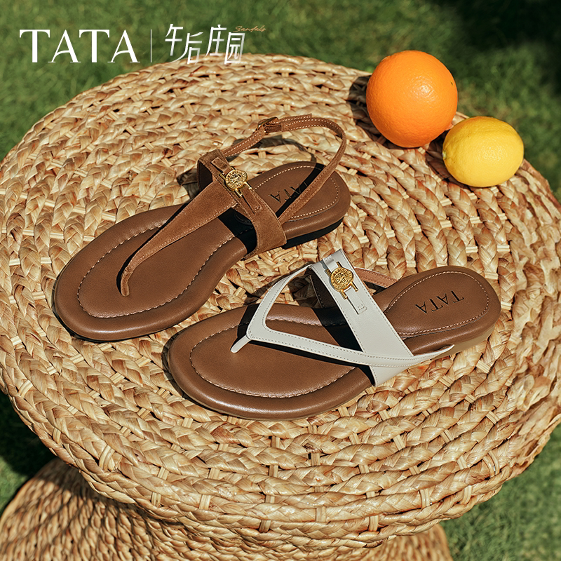 TATA他她女鞋午后庄园一字平底人字拖鞋绑带沙滩凉鞋7H202BT5E
