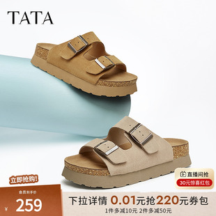 新款 TATA他她棕色拖鞋 子女夏季 女外穿厚底沙滩勃肯鞋 WW801BT4 凉鞋