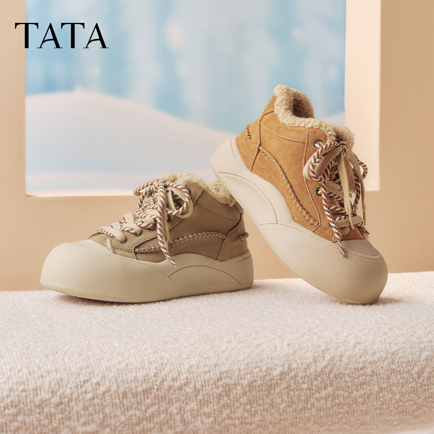 TATA他她保暖棉鞋女2025冬季新款厚底加绒板鞋毛毛雪地靴CJF01DD5
