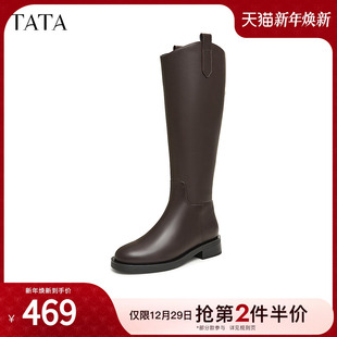 TATA他她靴子气质V口长筒靴女显瘦黑色骑士靴高靴时装 靴7TG89DG4