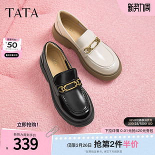 黑色一脚蹬小皮鞋 浅口单鞋 WIZ12CA4 女鞋 Tata他她英伦厚底乐福鞋