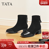 时装 TATA他她女鞋 靴子2025新款 靴女百搭显瘦粗跟短靴子CE501DD5