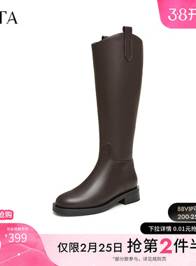 TATA他她靴子气质V口长筒靴女显瘦黑色骑士靴高靴时装靴7TG89DG4