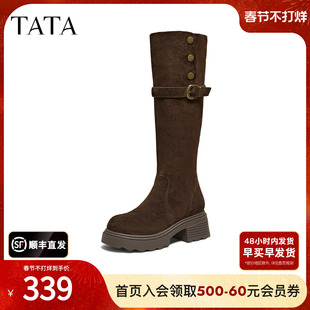 TATA他她长靴2025冬牛皮百搭女鞋复古长筒靴高筒西部靴子JXH01DC5