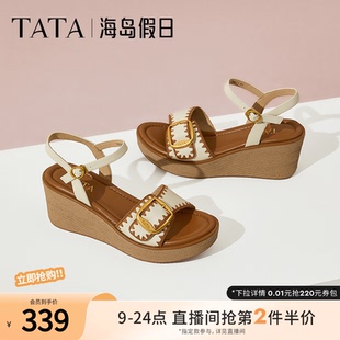 度假一字帶涼鞋 TATA他她海島假日法式 坡跟涼鞋 女鞋 2025夏7MYA1BL5