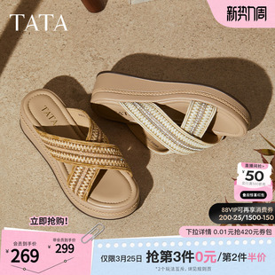 TATA他她女鞋 夏厚底坡跟一字拖通勤外穿休闲沙滩露趾凉拖WM302BT5