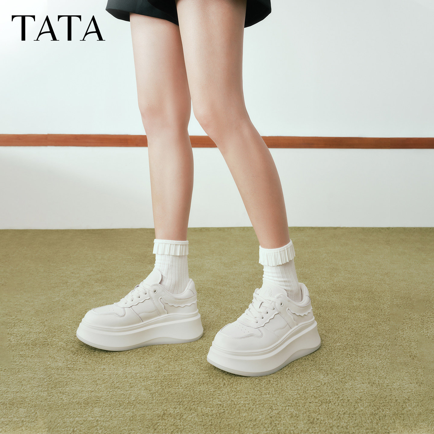 【38预售备用】TATA他她小花芽小白鞋鞋子女鞋厚底增高休闲板鞋