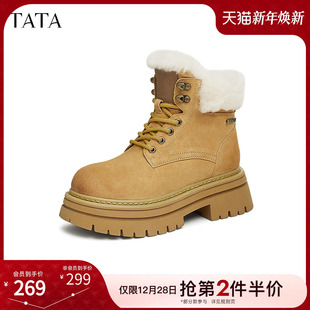 TATA他她加绒厚底马丁靴女靴子户外保暖短靴2024冬季 CGN01DD4 新款