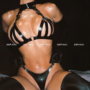 FLGG欧美款性感皮革胸衣皮带内衣女捆绑束缚带链条皮衣文胸套装