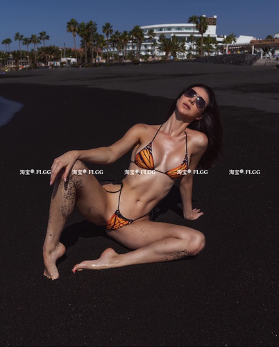 FLGG欧美性感比基尼小胸聚拢带胸垫显瘦蝴蝶印花非洲走秀游泳衣女