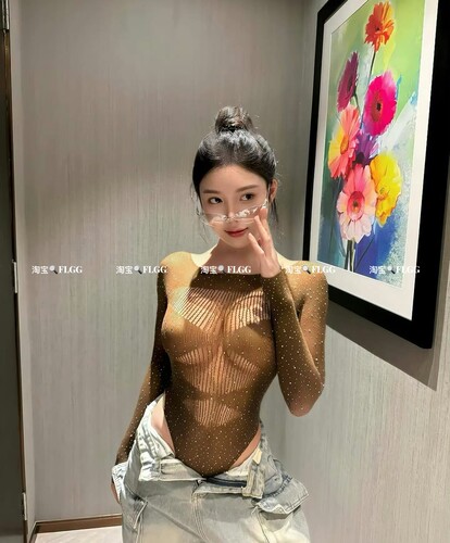 FLGG性感辣妹镂空网眼烫钻上衣炸街透视外穿针织连体衣T恤女