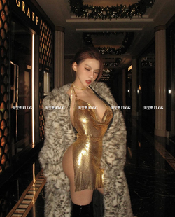 FLGG 欧美金属亮片性感甜辣风露背高开叉伦巴连衣裙水钻吊带裙