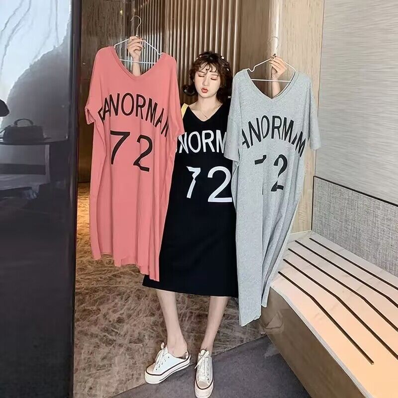 胖mm200斤中长款t恤女夏季短袖宽松大码遮肚减龄过膝连衣裙t恤裙