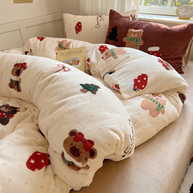 圣诞树冬季四件套加厚牛奶绒被套圣诞节卡通珊瑚绒保暖床单三件套