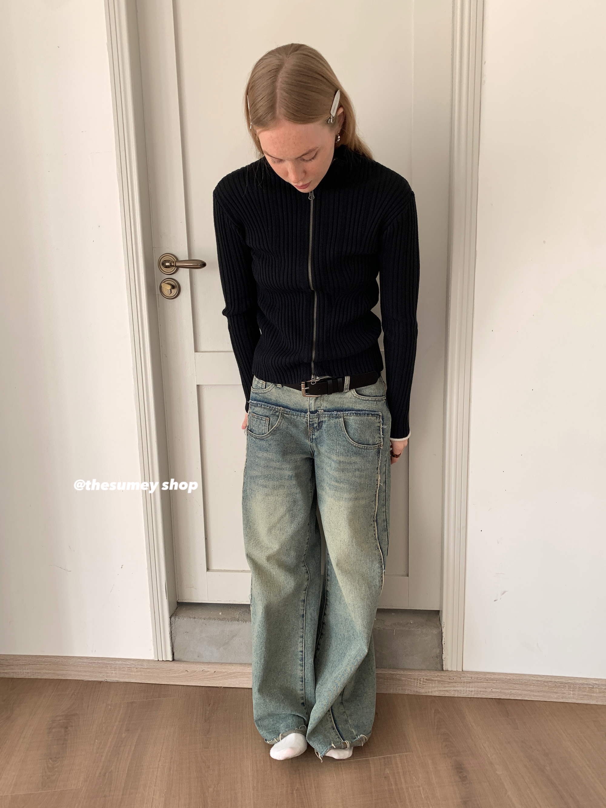 坑条半高领外套双拉链针织开衫