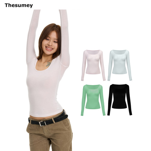 THESUMEY U领弹力长袖T恤女2026秋冬休闲简约纯色通勤打底衫上衣