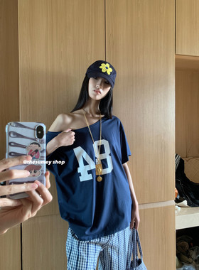 THESUMEY 美式印花圆领短袖t恤女2024夏季新款显瘦宽松休闲上衣