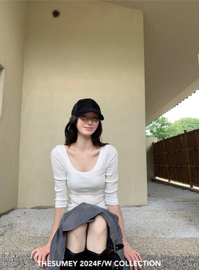 THESUMEY 白色大U领正肩七分t恤女薄款2024秋季新款修身简约上衣