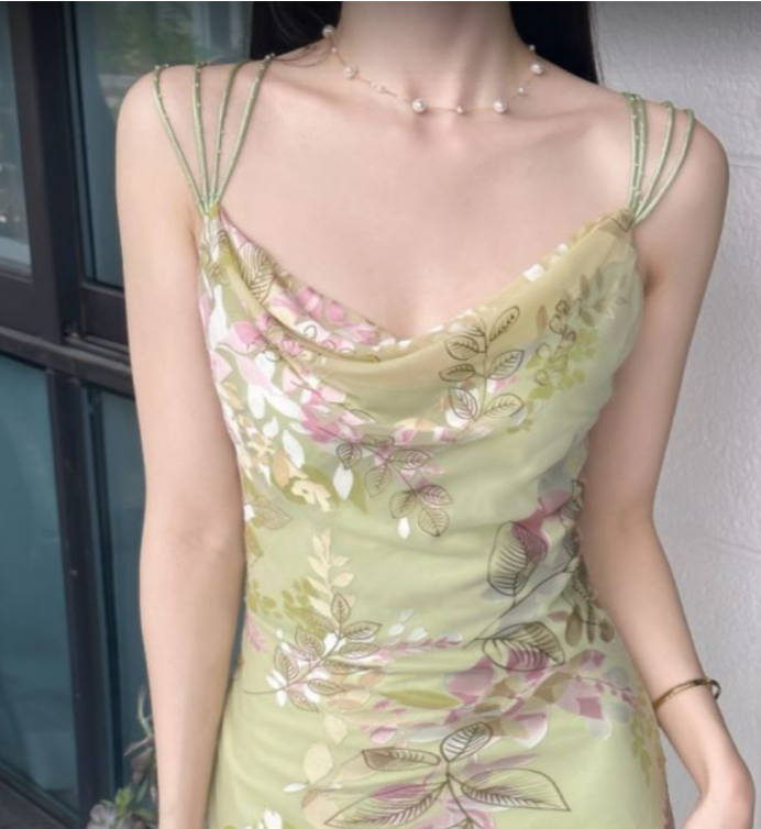 MONSOON独家自制Vintage复古烂花绡钉珠吊带斜裁一抹绿连衣裙