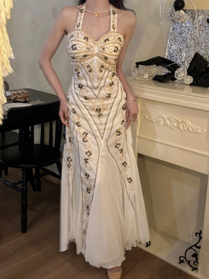 独家自制vintage刺绣钉珠美人鱼露背礼服复古网纱埃及风连衣裙