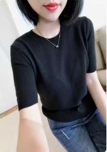 秋冬圆领短袖女羊绒衫宽松套头短款打底衫半袖针织衫中袖内搭毛衣