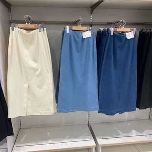 牛仔针织窄身松紧开叉半身裙中长裙 女装 476456 试衣间春季