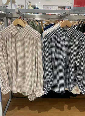 春秋款试衣间同款女装薄型宽松格纹衬衫长袖打褶休闲衬衣 468794