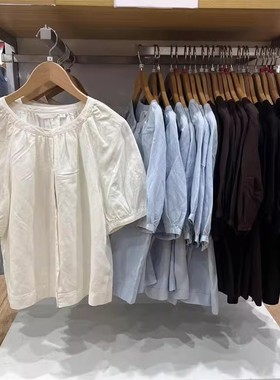 475655/477604 春夏新款女装棉麻混纺泡泡袖衬衫短袖打褶衬衣女