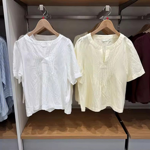 487477 春夏新款女装麻混纺半开领衬衫/短袖衬衣宽松显瘦上衣