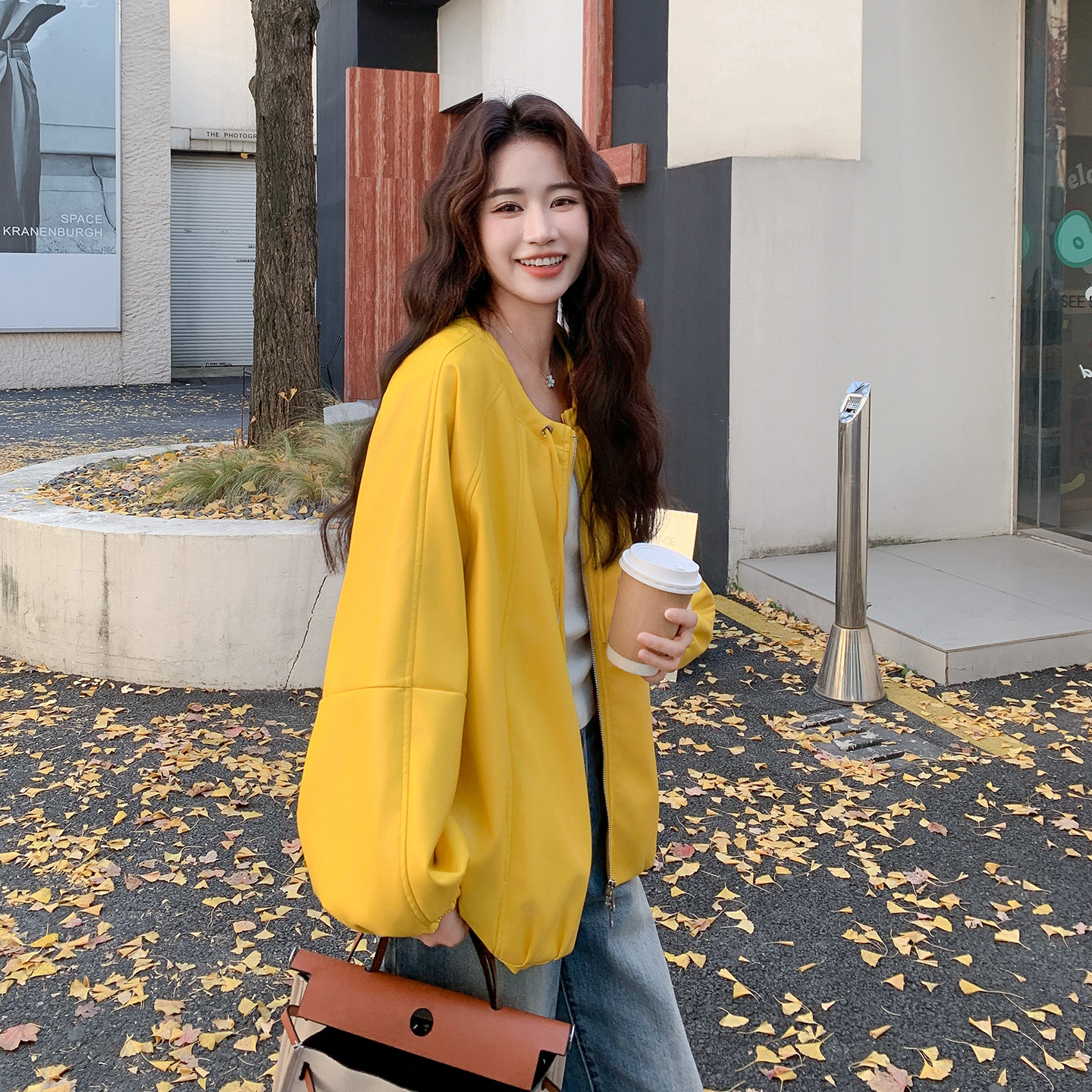 26新款已出货！减龄抽绳圆领黄色夹克PU皮外套270-7209P155控248，女装短外套，浙宝270