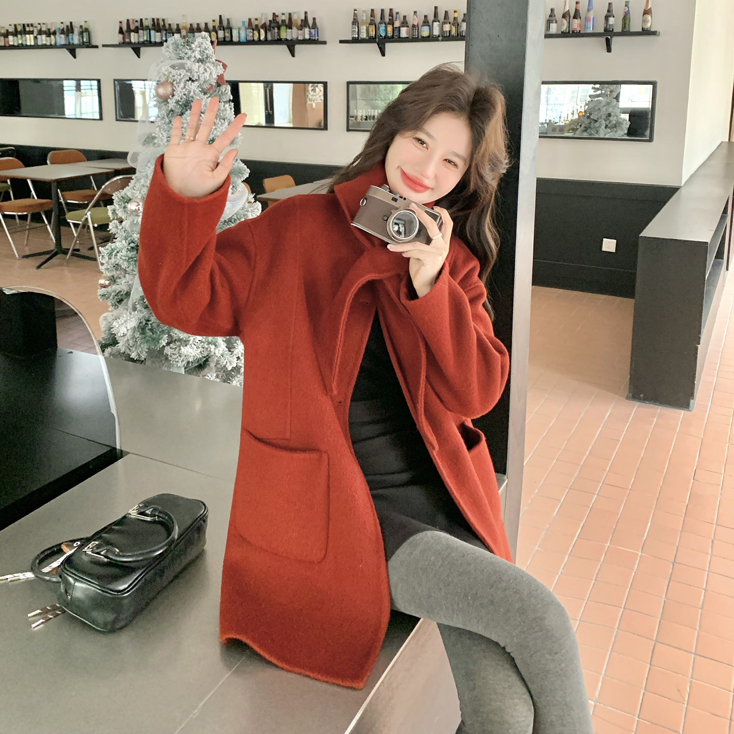 新款现货新年红围巾中长款双面羊毛大衣270-7136P295控388，女装毛呢外套，浙宝270