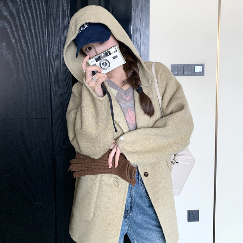 【现货】香草绿连帽双面毛呢大衣270-8967P235控345，女装毛呢外套，浙宝270