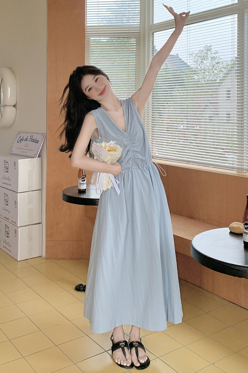 法式蓝色无袖背心连衣裙女夏2025新款露背长裙大方得体超好看漂亮,女装连衣裙,浙宝270