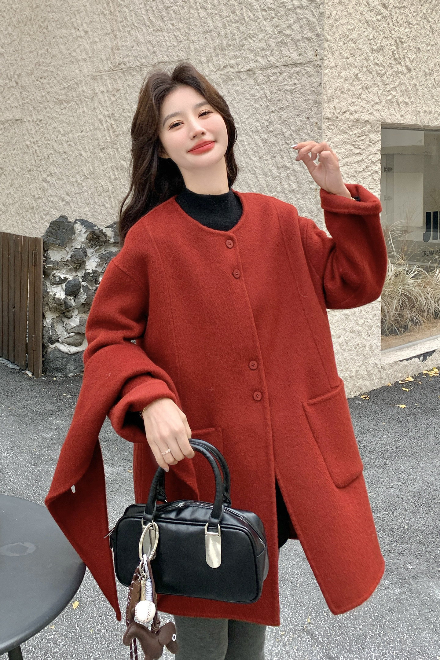 新款现货新年红围巾中长款双面羊毛大衣270-7136P295控388,女装毛呢外套,浙宝270