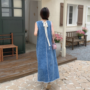 蓝色复古无袖背心裙女夏季2024新款韩版洋气设计感牛仔连衣裙长裙图片