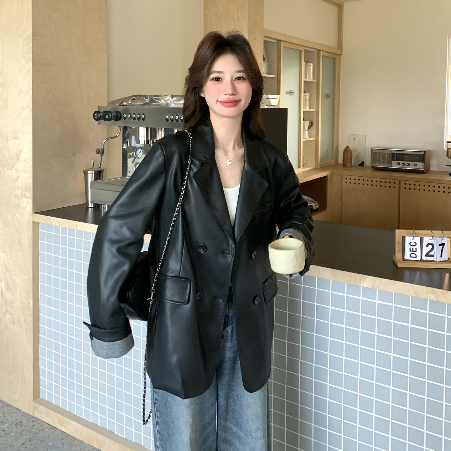 【26新款现货】黑色PU皮西装袖口拼接外套270-7208P165控268,女装短外套,浙宝270