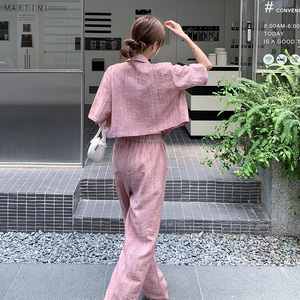 时尚休闲洋气两件套装女装2025夏季新款宽松上衣高腰阔腿长裤夏装图片