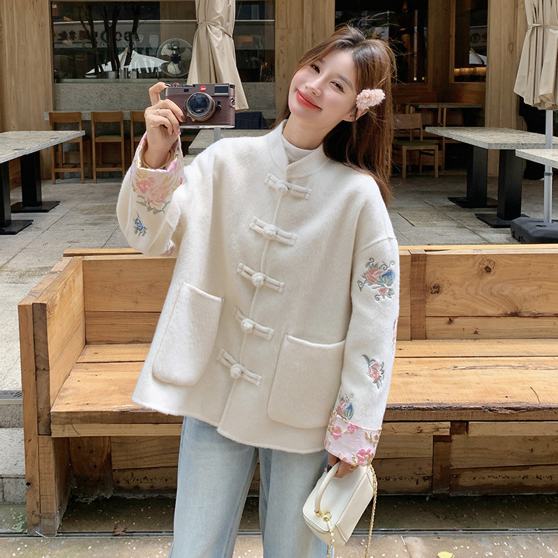 【新款】现货新中式刺绣拼色双面毛呢大衣270-7102P275控378,女装毛呢外套,浙宝270