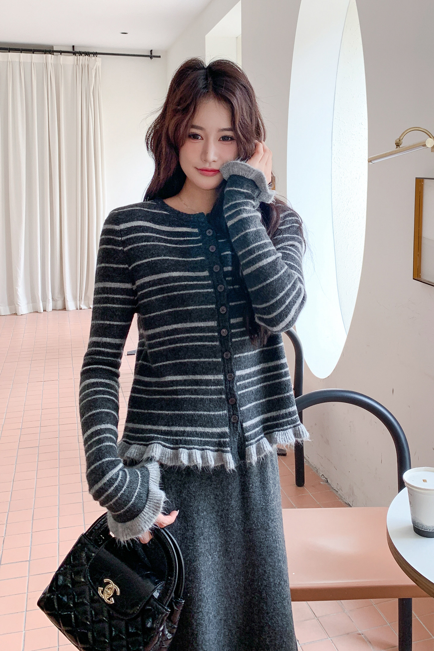 【26新款现货】温柔慵懒风条纹针织木耳边套装270-7205P155控248,女装大码女装,浙宝270