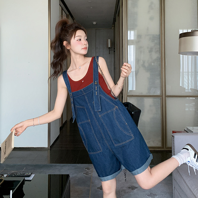 学院风设计感工装牛仔背带裤女夏韩系休闲减龄小个子宽松阔腿短裤,女装连体裤,浙宝270