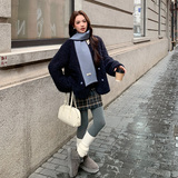 【现货】藏青色带围巾皮毛一体小个子外套270-7115P225控298，女装皮草，浙宝270