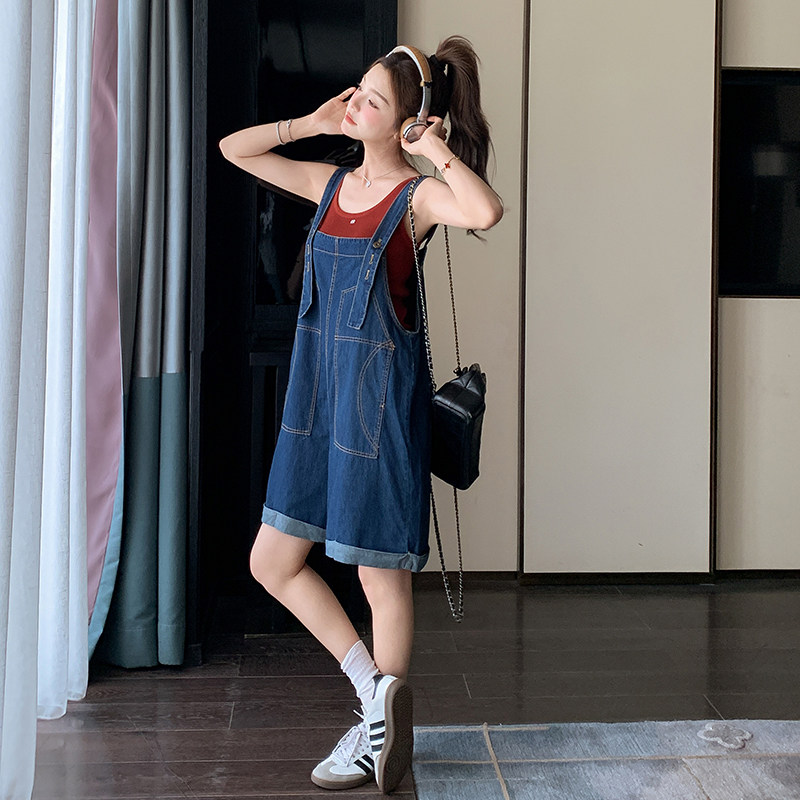 学院风设计感工装牛仔背带裤女夏韩系休闲减龄小个子宽松阔腿短裤,女装连体裤,浙宝270