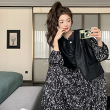 法式碎花连衣裙女2025年春季新款时尚复古PU皮马甲长裙，女装连衣裙，浙宝270