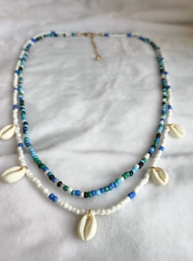 欧美波西米亚风贝壳吊坠彩色串珠不规则双层项链个性长款毛衣链