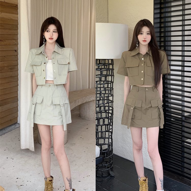 实拍大码休闲套装女夏新款工装风双口袋上衣配半身裙两件套潮
