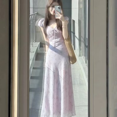 法式茶歇温柔甜美碎花连衣裙夏海边度假绝美穿搭巨好看的气质长裙
