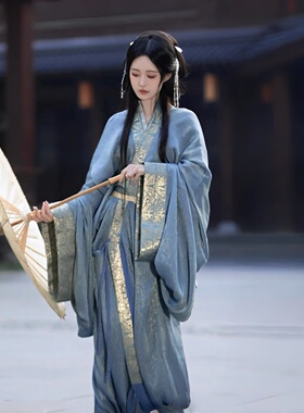 魏晋制蓝色战国袍汉服女直裾古装女款复原拖尾古风女装2026新款