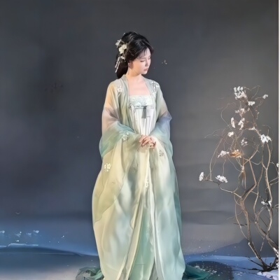 唐制汉服女刺绣齐胸裙渐变色绣花